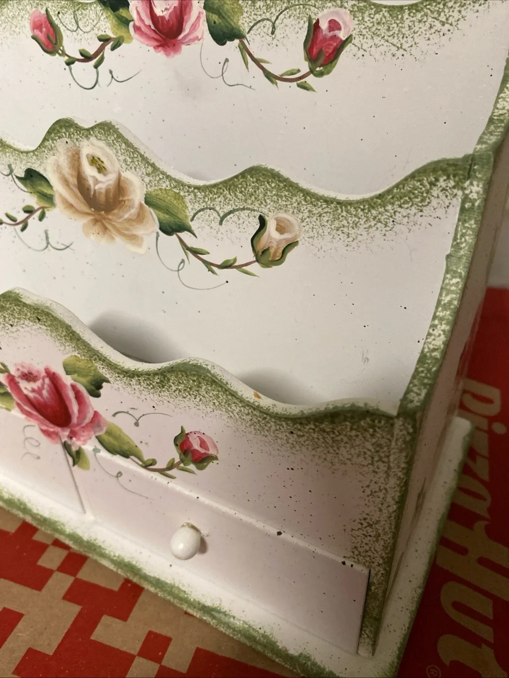 Hand-Painted Floral Wooden Mail & Storage Organizer in White and Pink